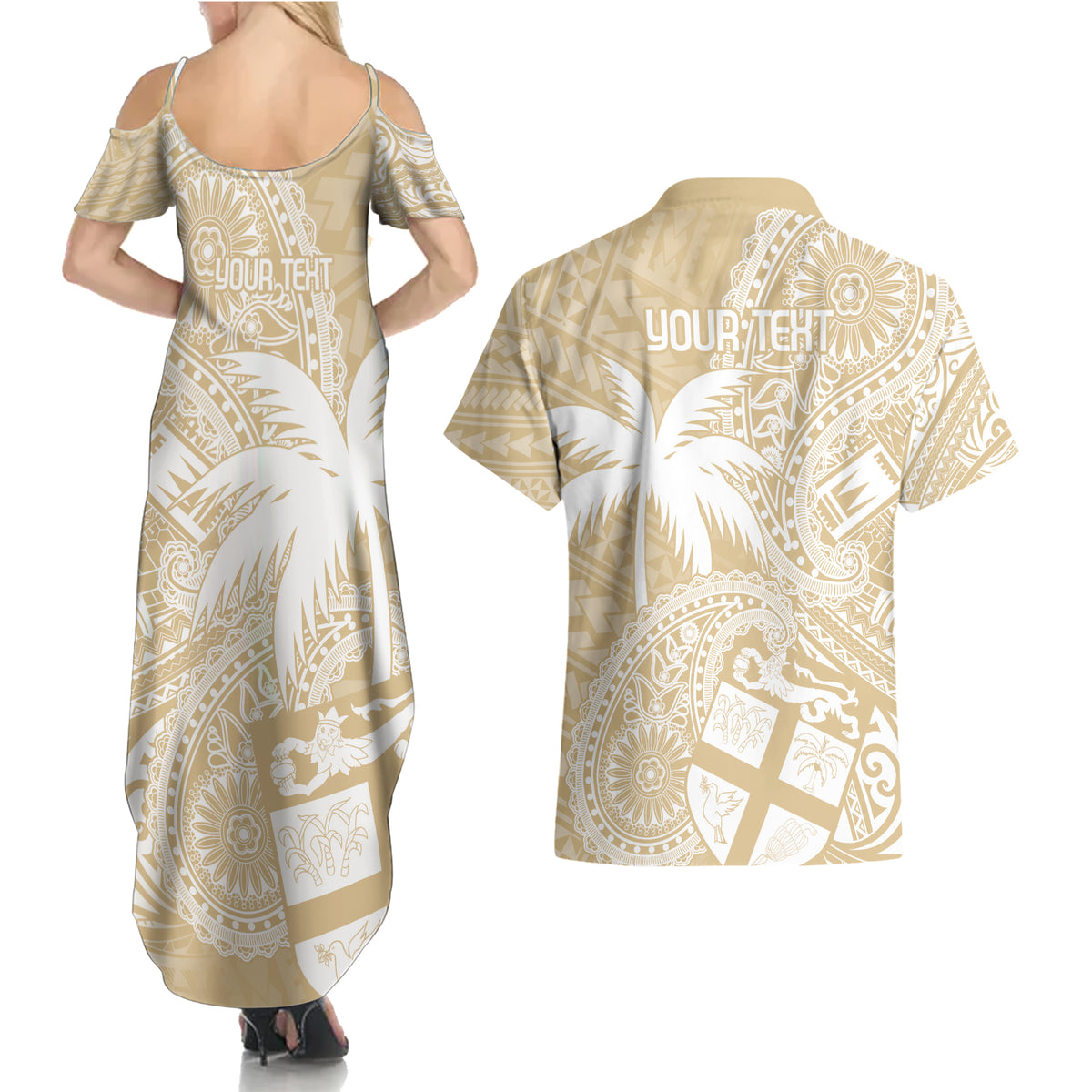 Custom Indo Fijians Couples Matching Summer Maxi Dress and Hawaiian Shirt Fiji ke Hindustani Polyneisan Paisley Beige Style LT9 - Wonder Print Shop