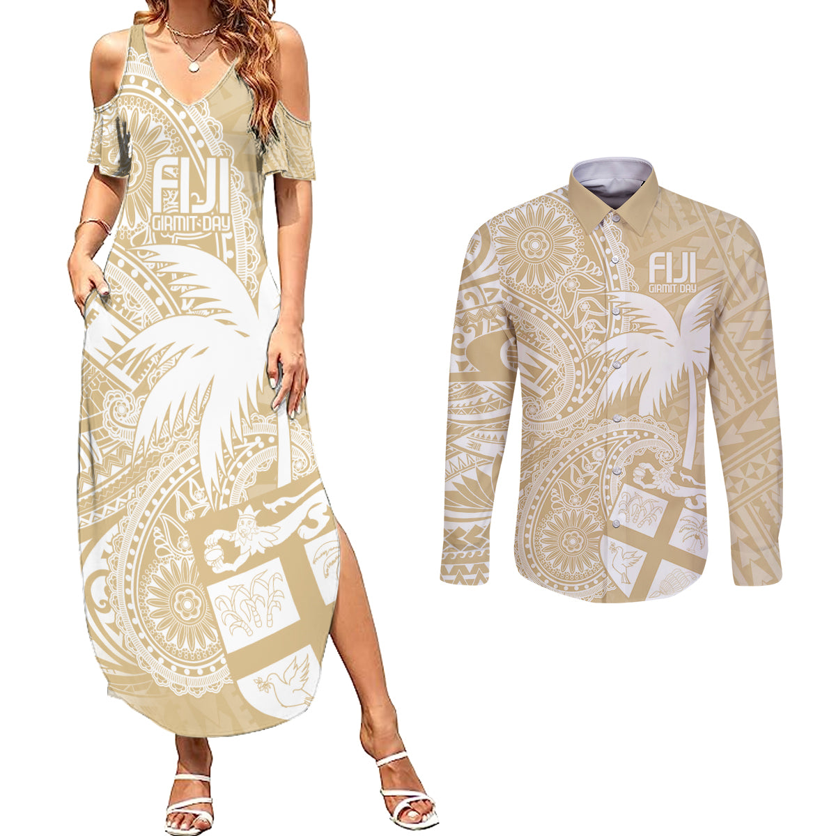 Custom Indo Fijians Couples Matching Summer Maxi Dress and Long Sleeve Button Shirt Fiji ke Hindustani Polyneisan Paisley Beige Style LT9 - Wonder Print Shop