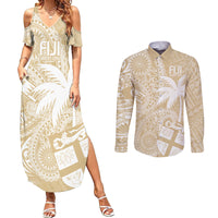 Custom Indo Fijians Couples Matching Summer Maxi Dress and Long Sleeve Button Shirt Fiji ke Hindustani Polyneisan Paisley Beige Style LT9 - Wonder Print Shop