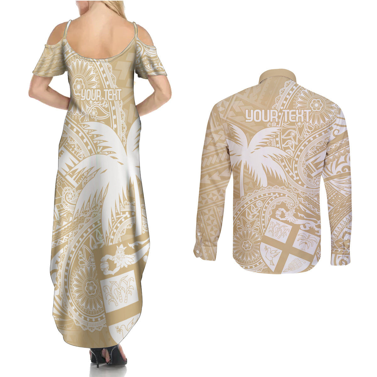 Custom Indo Fijians Couples Matching Summer Maxi Dress and Long Sleeve Button Shirt Fiji ke Hindustani Polyneisan Paisley Beige Style LT9 - Wonder Print Shop