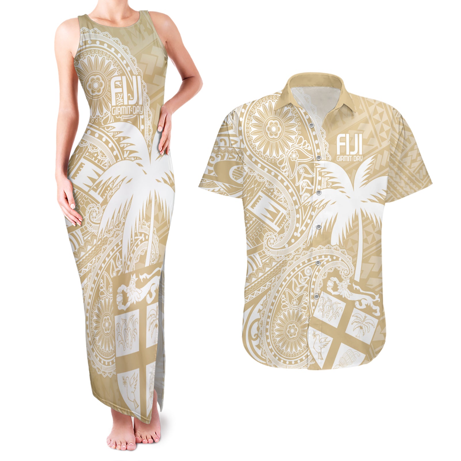 Custom Indo Fijians Couples Matching Tank Maxi Dress and Hawaiian Shirt Fiji ke Hindustani Polyneisan Paisley Beige Style LT9 - Wonder Print Shop