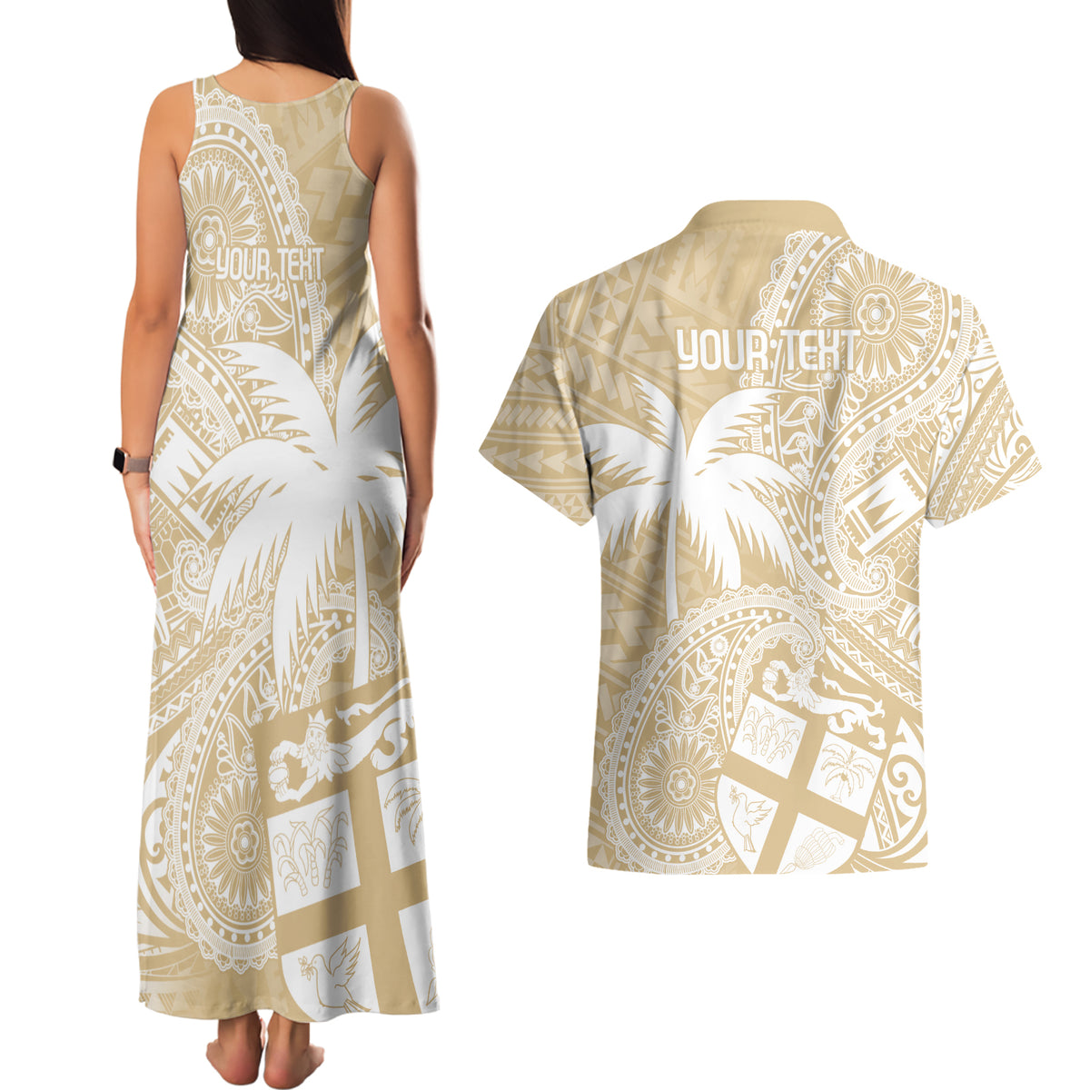 Custom Indo Fijians Couples Matching Tank Maxi Dress and Hawaiian Shirt Fiji ke Hindustani Polyneisan Paisley Beige Style LT9 - Wonder Print Shop