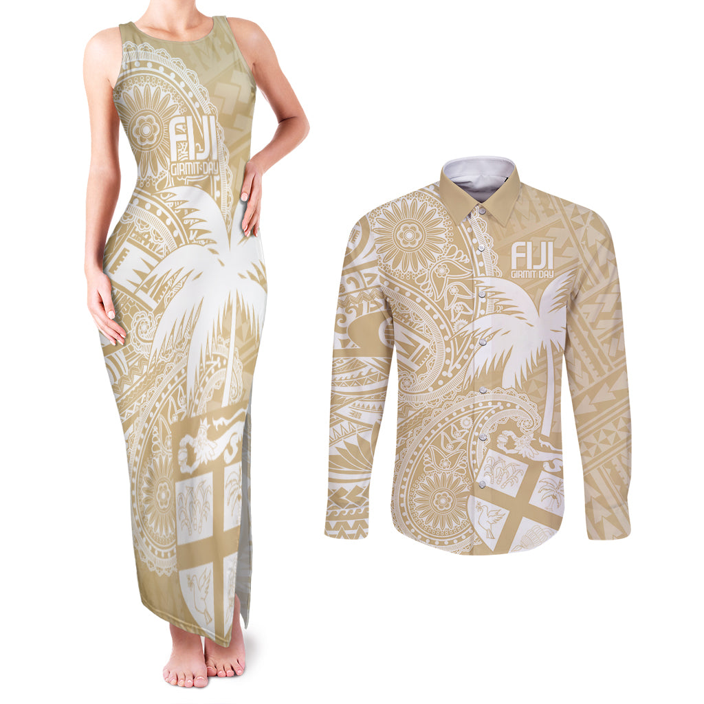 Custom Indo Fijians Couples Matching Tank Maxi Dress and Long Sleeve Button Shirt Fiji ke Hindustani Polyneisan Paisley Beige Style LT9 - Wonder Print Shop