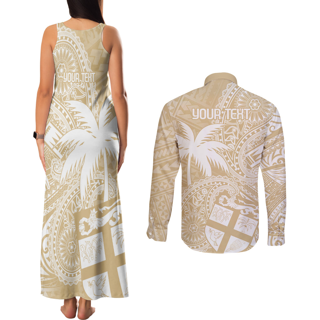 Custom Indo Fijians Couples Matching Tank Maxi Dress and Long Sleeve Button Shirt Fiji ke Hindustani Polyneisan Paisley Beige Style LT9 - Wonder Print Shop