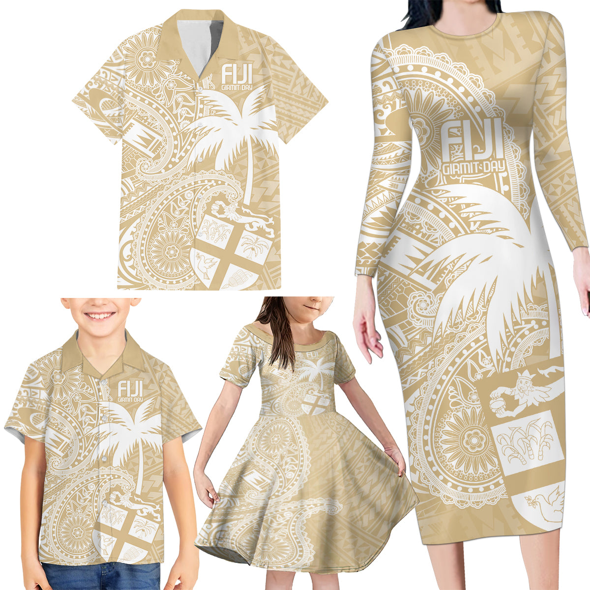 Custom Indo Fijians Family Matching Long Sleeve Bodycon Dress and Hawaiian Shirt Fiji ke Hindustani Polyneisan Paisley Beige Style LT9 - Wonder Print Shop