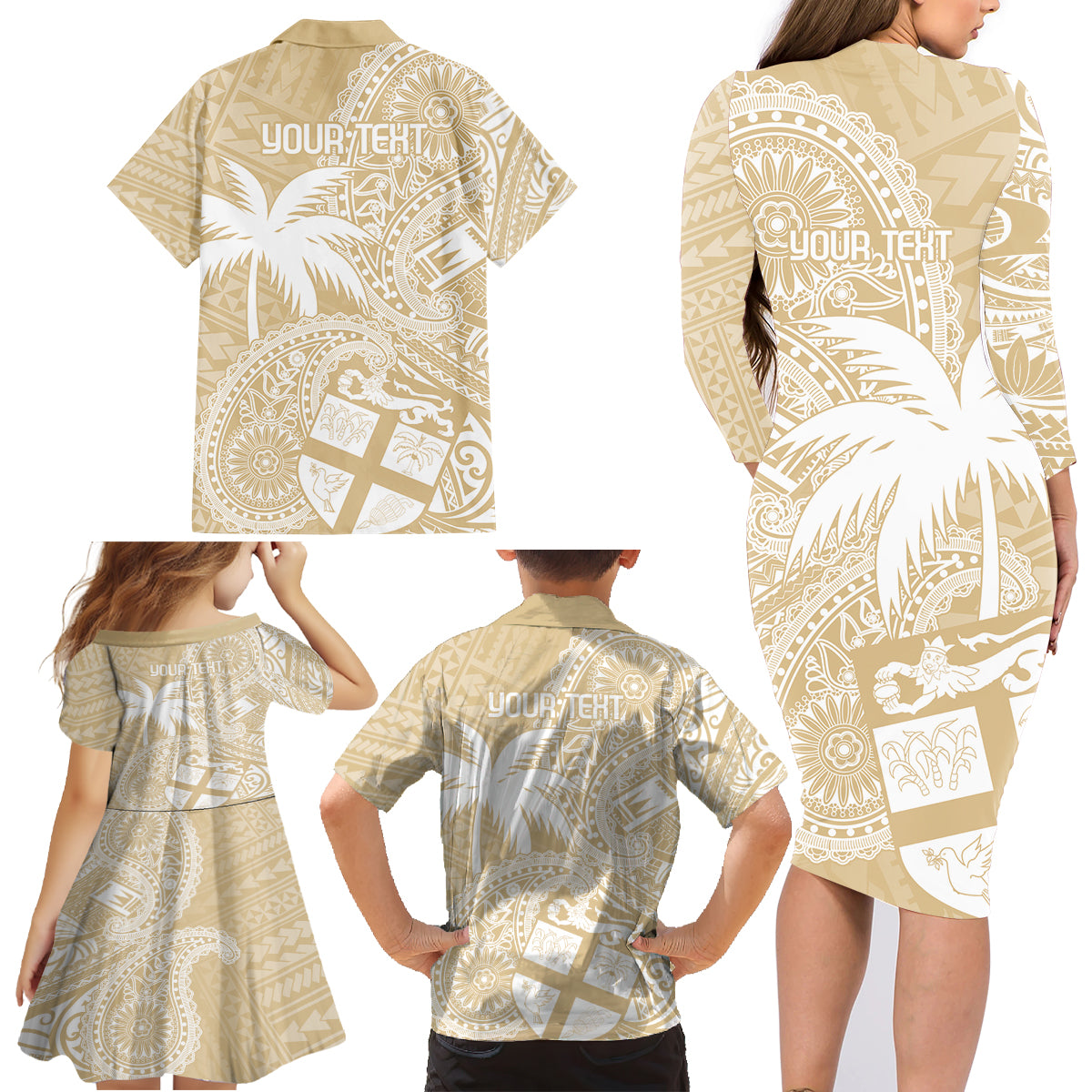 Custom Indo Fijians Family Matching Long Sleeve Bodycon Dress and Hawaiian Shirt Fiji ke Hindustani Polyneisan Paisley Beige Style LT9 - Wonder Print Shop