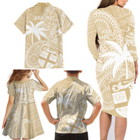 Custom Indo Fijians Family Matching Long Sleeve Bodycon Dress and Hawaiian Shirt Fiji ke Hindustani Polyneisan Paisley Beige Style LT9 - Wonder Print Shop