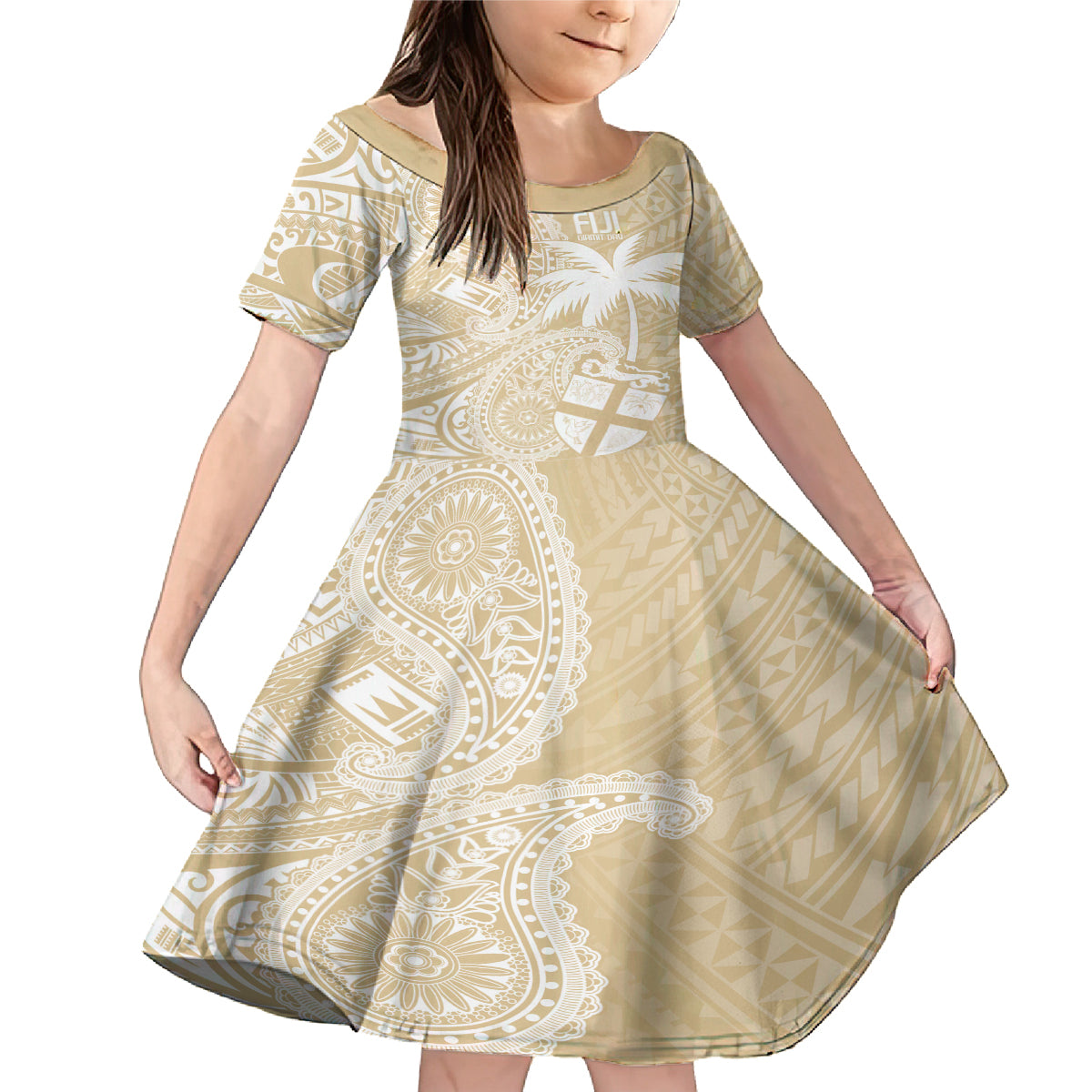 Custom Indo Fijians Family Matching Mermaid Dress and Hawaiian Shirt Fiji ke Hindustani Polyneisan Paisley Beige Style LT9 - Wonder Print Shop