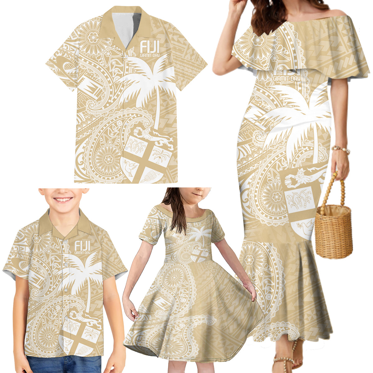 Custom Indo Fijians Family Matching Mermaid Dress and Hawaiian Shirt Fiji ke Hindustani Polyneisan Paisley Beige Style LT9 - Wonder Print Shop