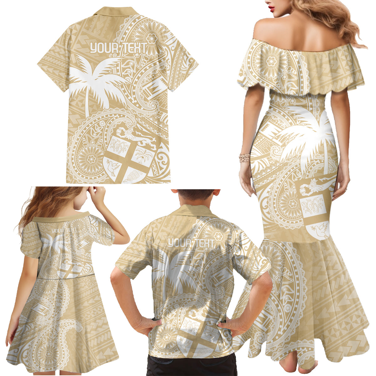 Custom Indo Fijians Family Matching Mermaid Dress and Hawaiian Shirt Fiji ke Hindustani Polyneisan Paisley Beige Style LT9 - Wonder Print Shop