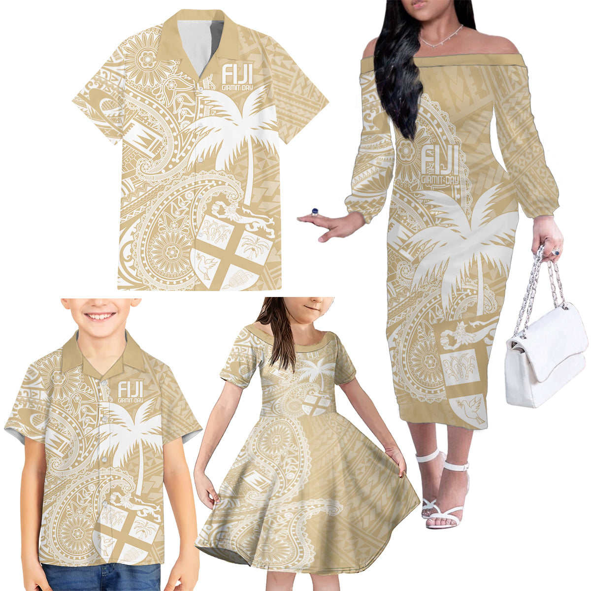 Custom Indo Fijians Family Matching Off The Shoulder Long Sleeve Dress and Hawaiian Shirt Fiji ke Hindustani Polyneisan Paisley Beige Style - Wonder Print Shop