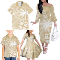 Custom Indo Fijians Family Matching Off The Shoulder Long Sleeve Dress and Hawaiian Shirt Fiji ke Hindustani Polyneisan Paisley Beige Style - Wonder Print Shop