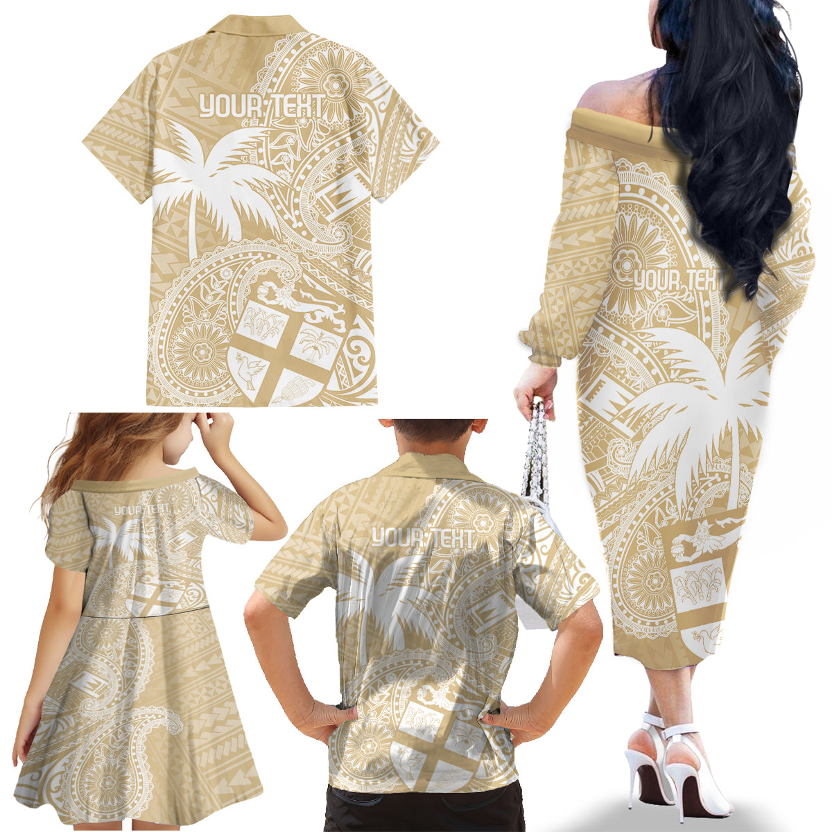 Custom Indo Fijians Family Matching Off The Shoulder Long Sleeve Dress and Hawaiian Shirt Fiji ke Hindustani Polyneisan Paisley Beige Style - Wonder Print Shop