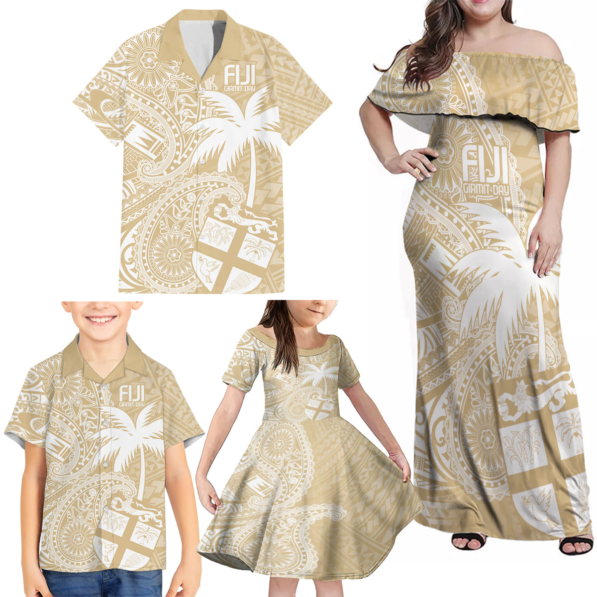 Custom Indo Fijians Family Matching Off Shoulder Maxi Dress and Hawaiian Shirt Fiji ke Hindustani Polyneisan Paisley Beige Style LT9 - Wonder Print Shop