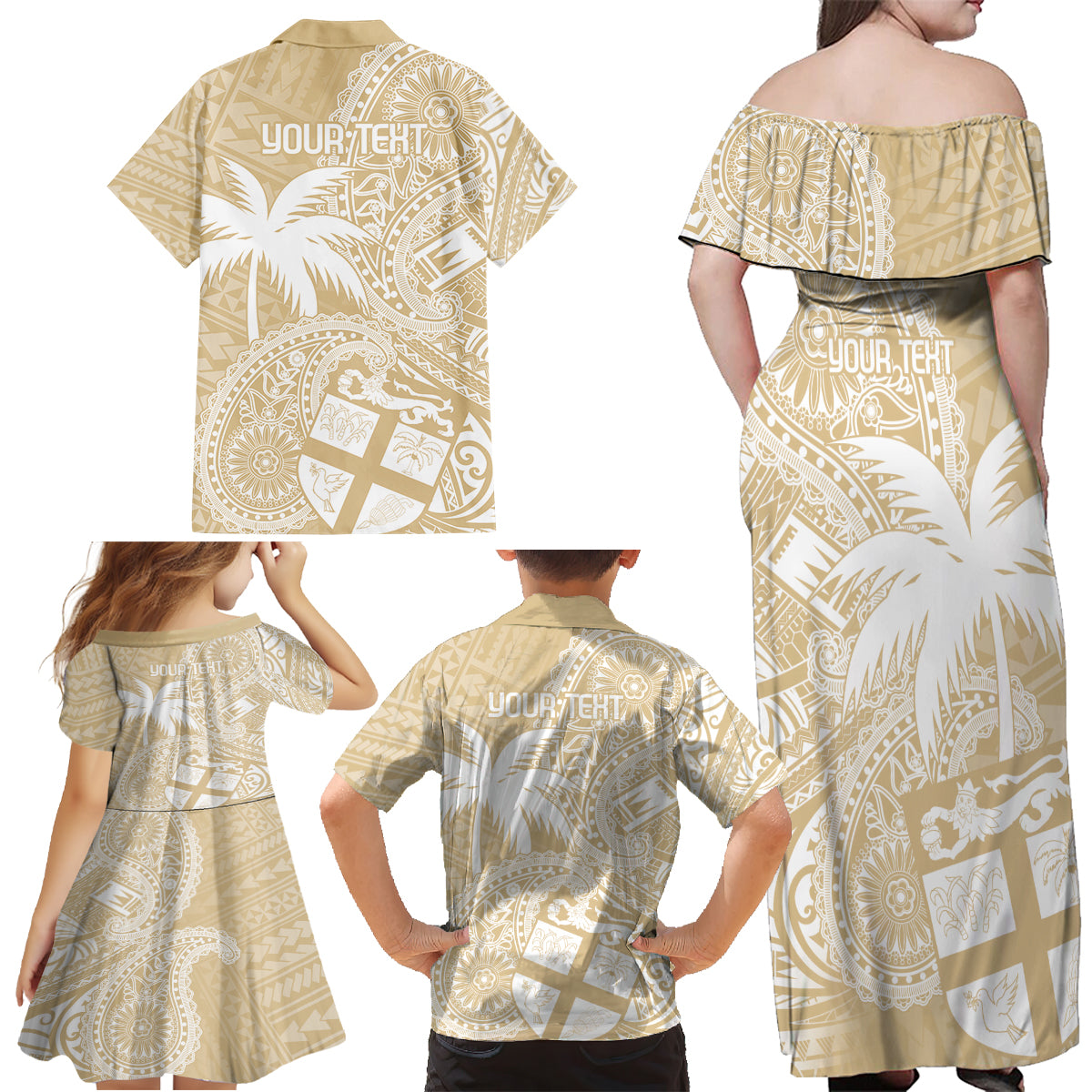 Custom Indo Fijians Family Matching Off Shoulder Maxi Dress and Hawaiian Shirt Fiji ke Hindustani Polyneisan Paisley Beige Style LT9 - Wonder Print Shop