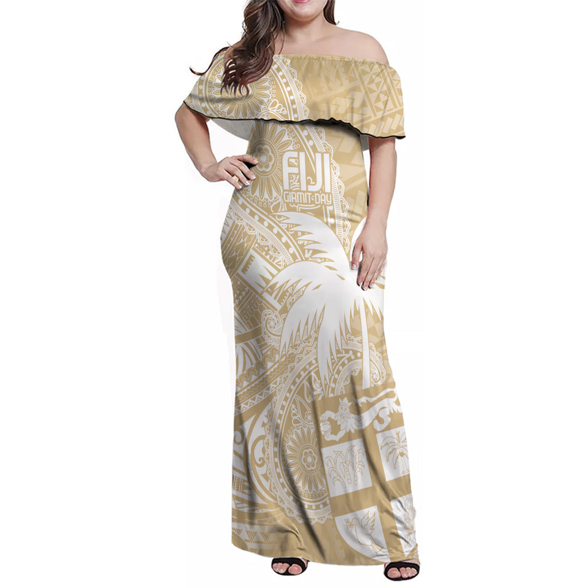 Custom Indo Fijians Family Matching Off Shoulder Maxi Dress and Hawaiian Shirt Fiji ke Hindustani Polyneisan Paisley Beige Style LT9 - Wonder Print Shop