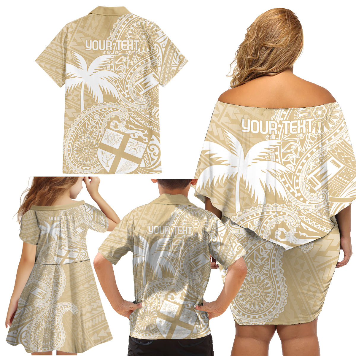 Custom Indo Fijians Family Matching Off Shoulder Short Dress and Hawaiian Shirt Fiji ke Hindustani Polyneisan Paisley Beige Style LT9 - Wonder Print Shop