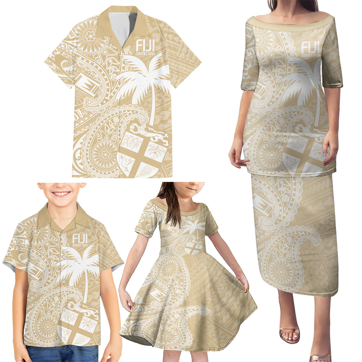 Custom Indo Fijians Family Matching Puletasi and Hawaiian Shirt Fiji ke Hindustani Polyneisan Paisley Beige Style - Wonder Print Shop