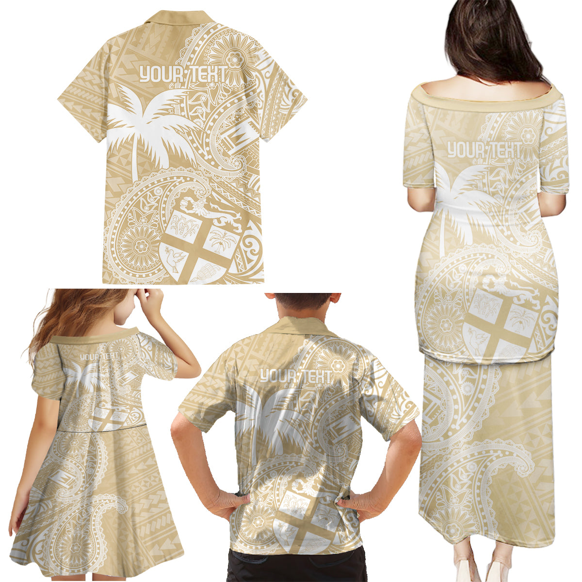 Custom Indo Fijians Family Matching Puletasi and Hawaiian Shirt Fiji ke Hindustani Polyneisan Paisley Beige Style - Wonder Print Shop