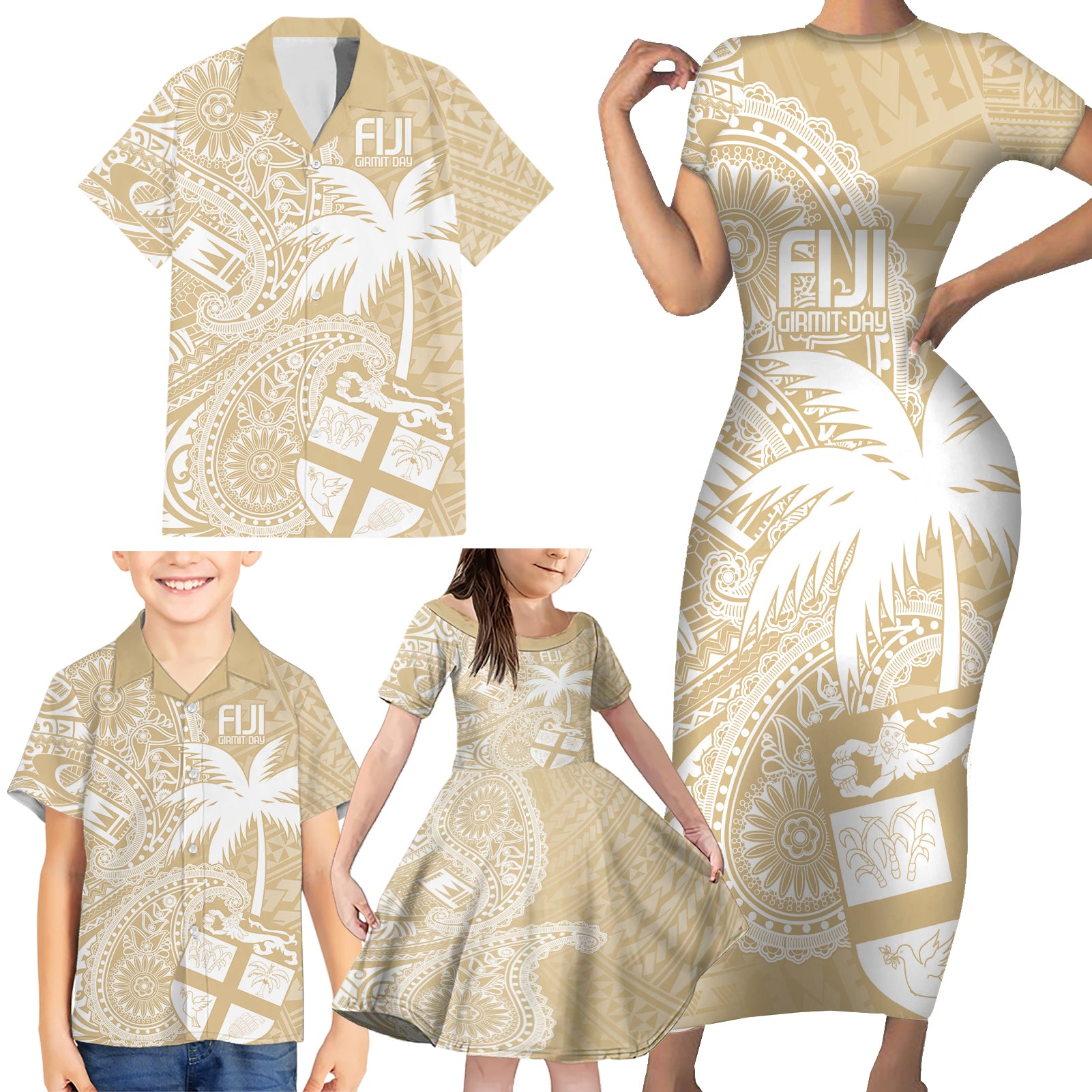 Custom Indo Fijians Family Matching Short Sleeve Bodycon Dress and Hawaiian Shirt Fiji ke Hindustani Polyneisan Paisley Beige Style - Wonder Print Shop