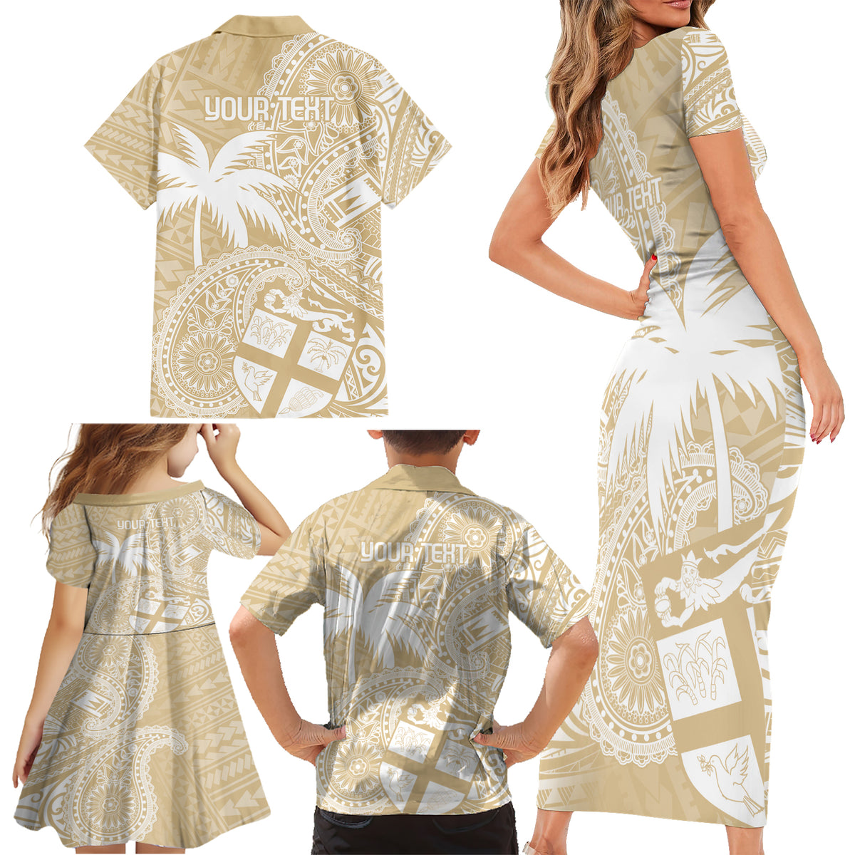 Custom Indo Fijians Family Matching Short Sleeve Bodycon Dress and Hawaiian Shirt Fiji ke Hindustani Polyneisan Paisley Beige Style - Wonder Print Shop