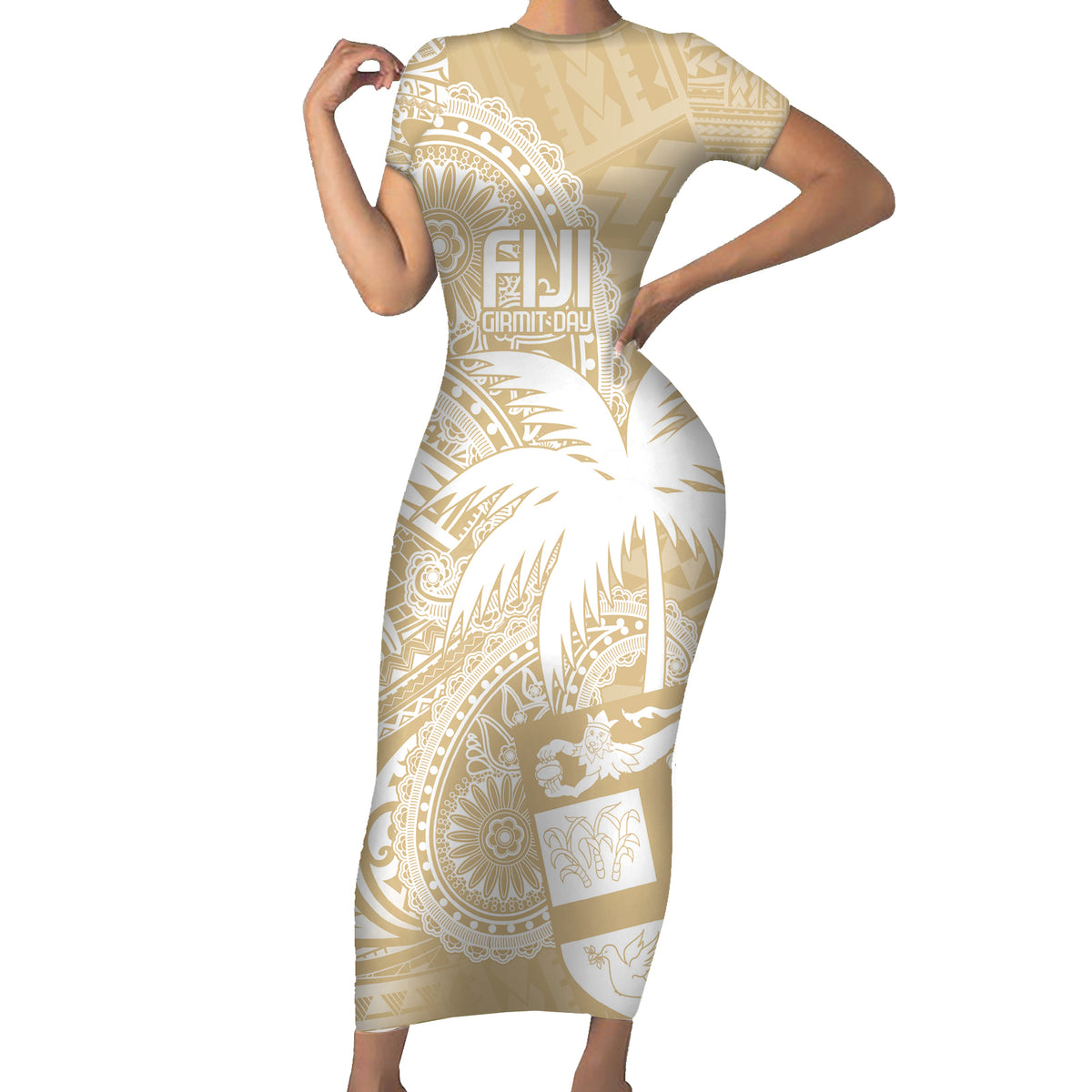 Custom Indo Fijians Family Matching Short Sleeve Bodycon Dress and Hawaiian Shirt Fiji ke Hindustani Polyneisan Paisley Beige Style - Wonder Print Shop