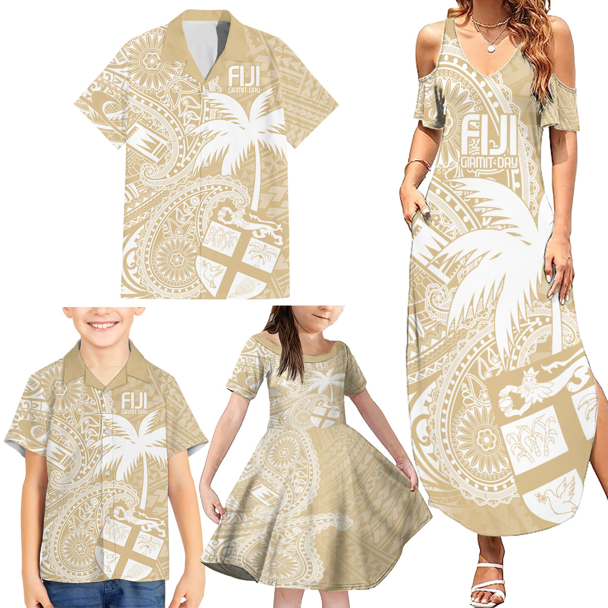 Custom Indo Fijians Family Matching Summer Maxi Dress and Hawaiian Shirt Fiji ke Hindustani Polyneisan Paisley Beige Style - Wonder Print Shop