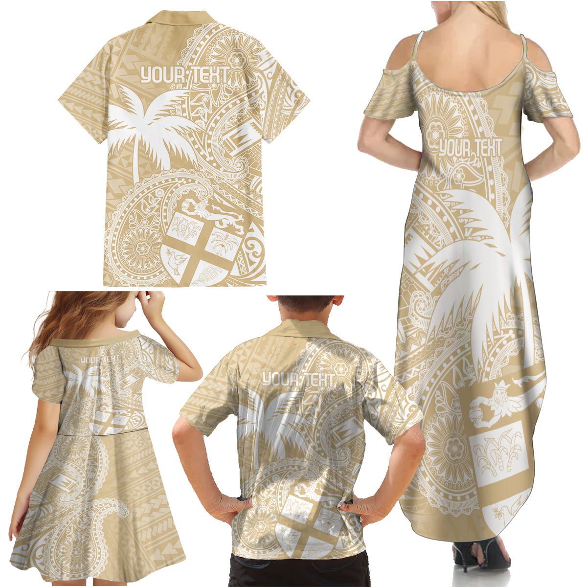 Custom Indo Fijians Family Matching Summer Maxi Dress and Hawaiian Shirt Fiji ke Hindustani Polyneisan Paisley Beige Style - Wonder Print Shop