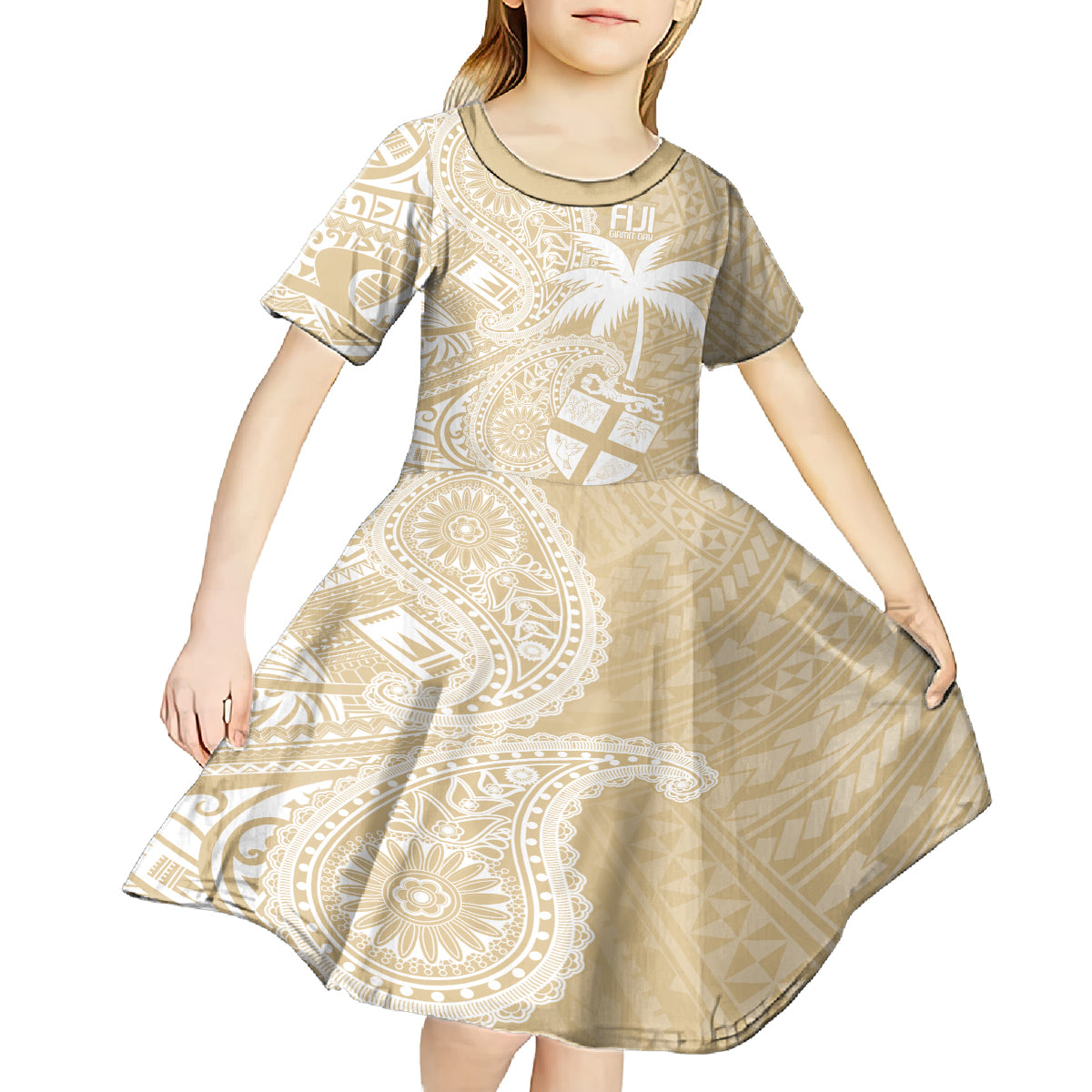 Custom Indo Fijians Kid Short Sleeve Dress Fiji ke Hindustani Polyneisan Paisley Beige Style - Wonder Print Shop