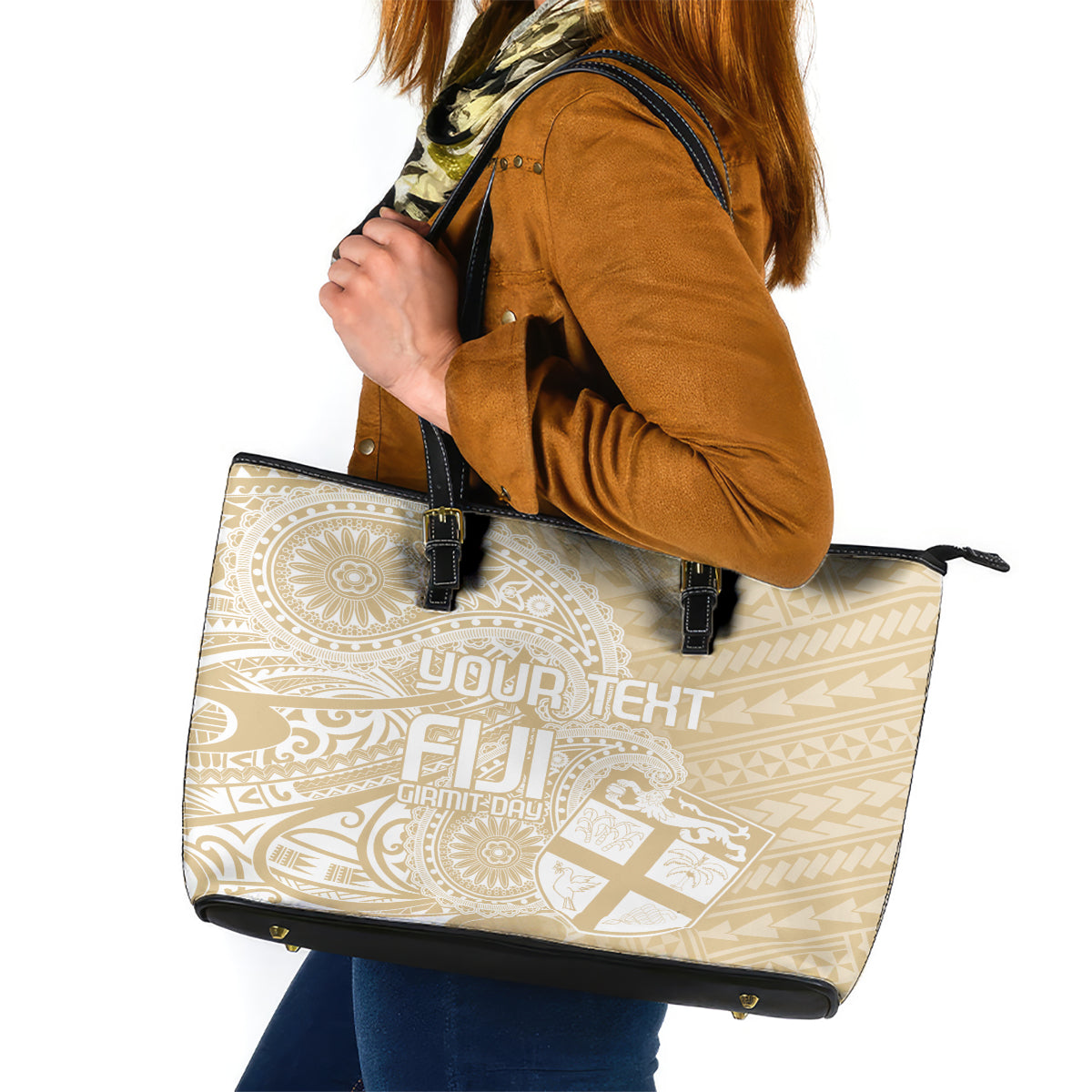 Custom Indo Fijians Leather Tote Bag Fiji ke Hindustani Polyneisan Paisley Beige Style - Wonder Print Shop