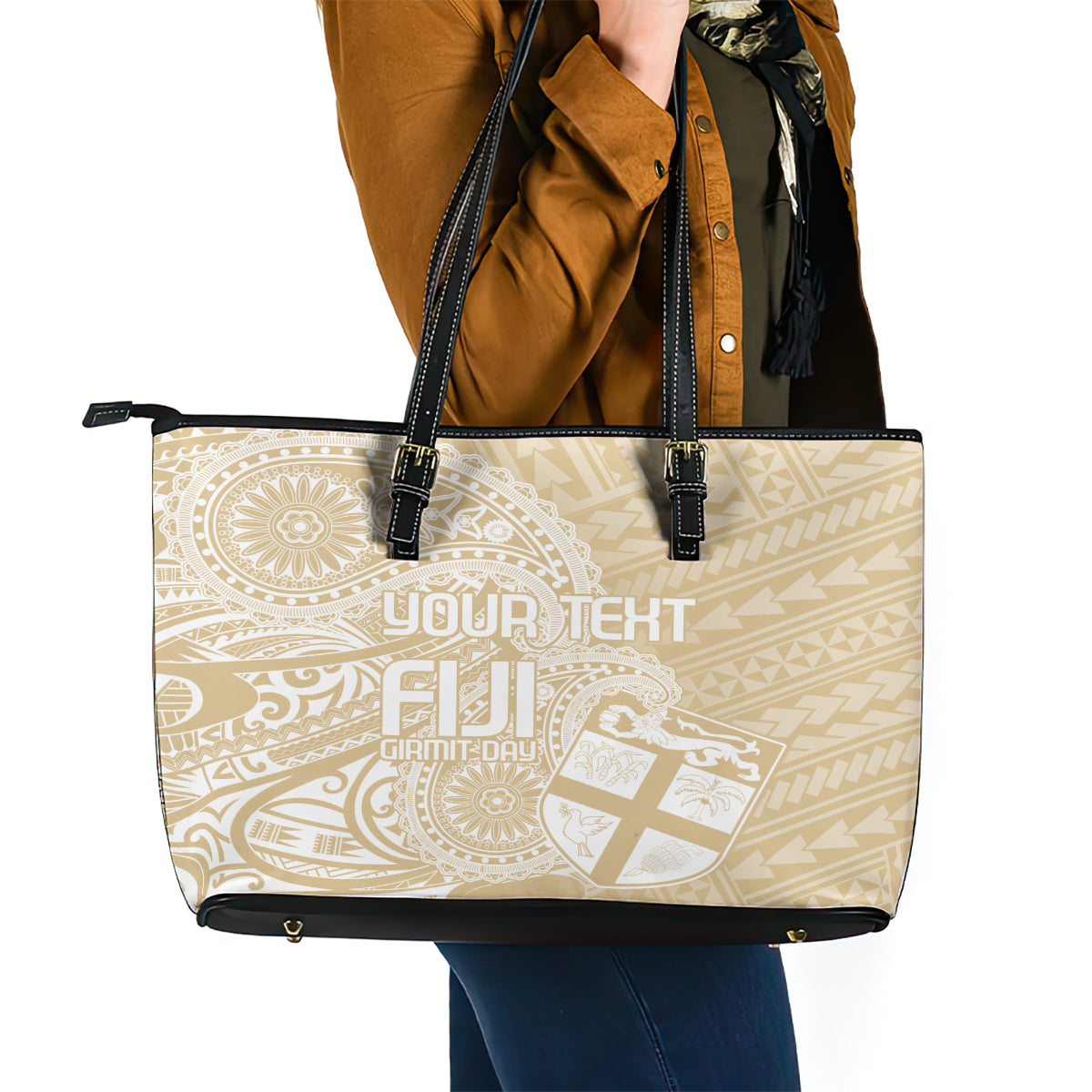 Custom Indo Fijians Leather Tote Bag Fiji ke Hindustani Polyneisan Paisley Beige Style - Wonder Print Shop