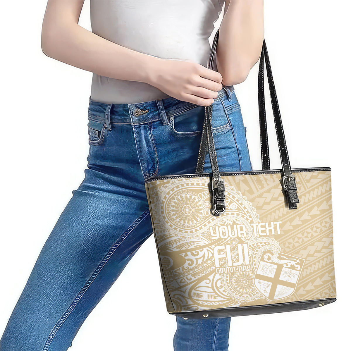 Custom Indo Fijians Leather Tote Bag Fiji ke Hindustani Polyneisan Paisley Beige Style - Wonder Print Shop