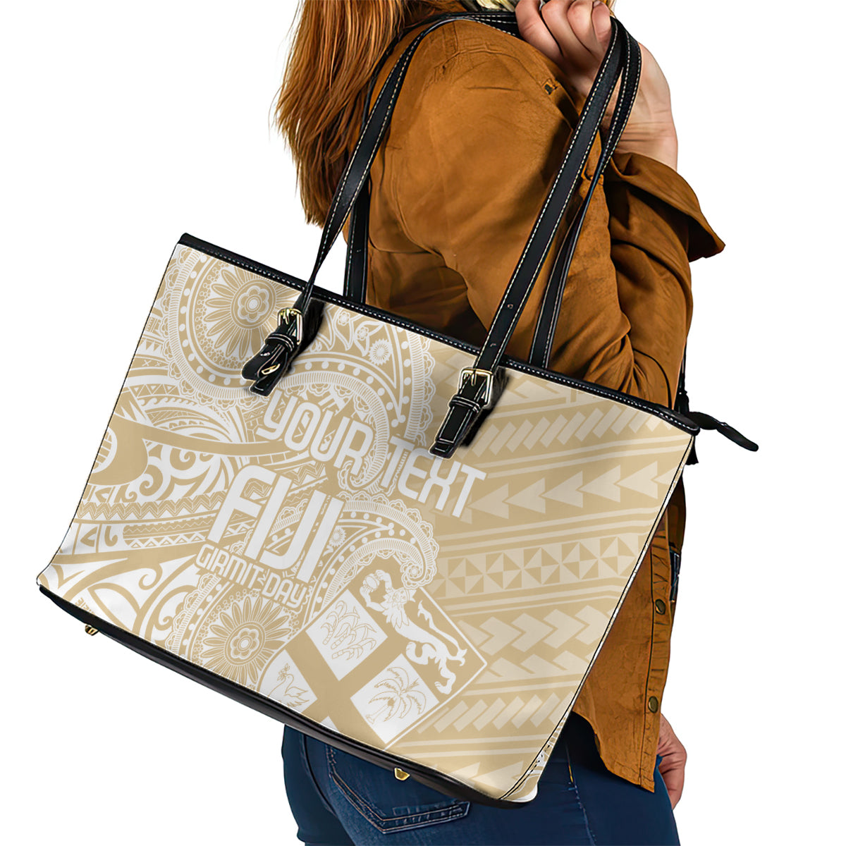 Custom Indo Fijians Leather Tote Bag Fiji ke Hindustani Polyneisan Paisley Beige Style - Wonder Print Shop