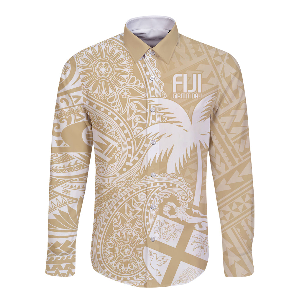 Custom Indo Fijians Long Sleeve Button Shirt Fiji ke Hindustani Polyneisan Paisley Beige Style - Wonder Print Shop