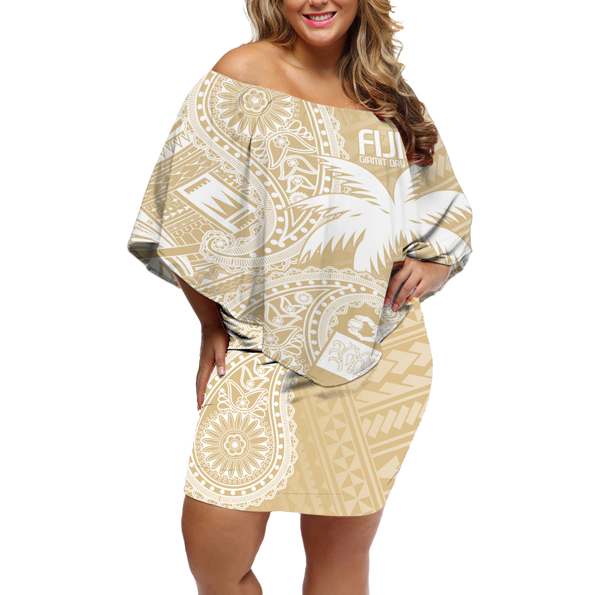 Custom Indo Fijians Off Shoulder Short Dress Fiji ke Hindustani Polyneisan Paisley Beige Style - Wonder Print Shop