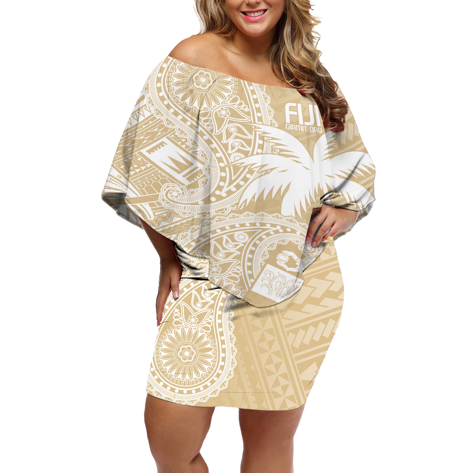 Custom Indo Fijians Off Shoulder Short Dress Fiji ke Hindustani Polyneisan Paisley Beige Style - Wonder Print Shop