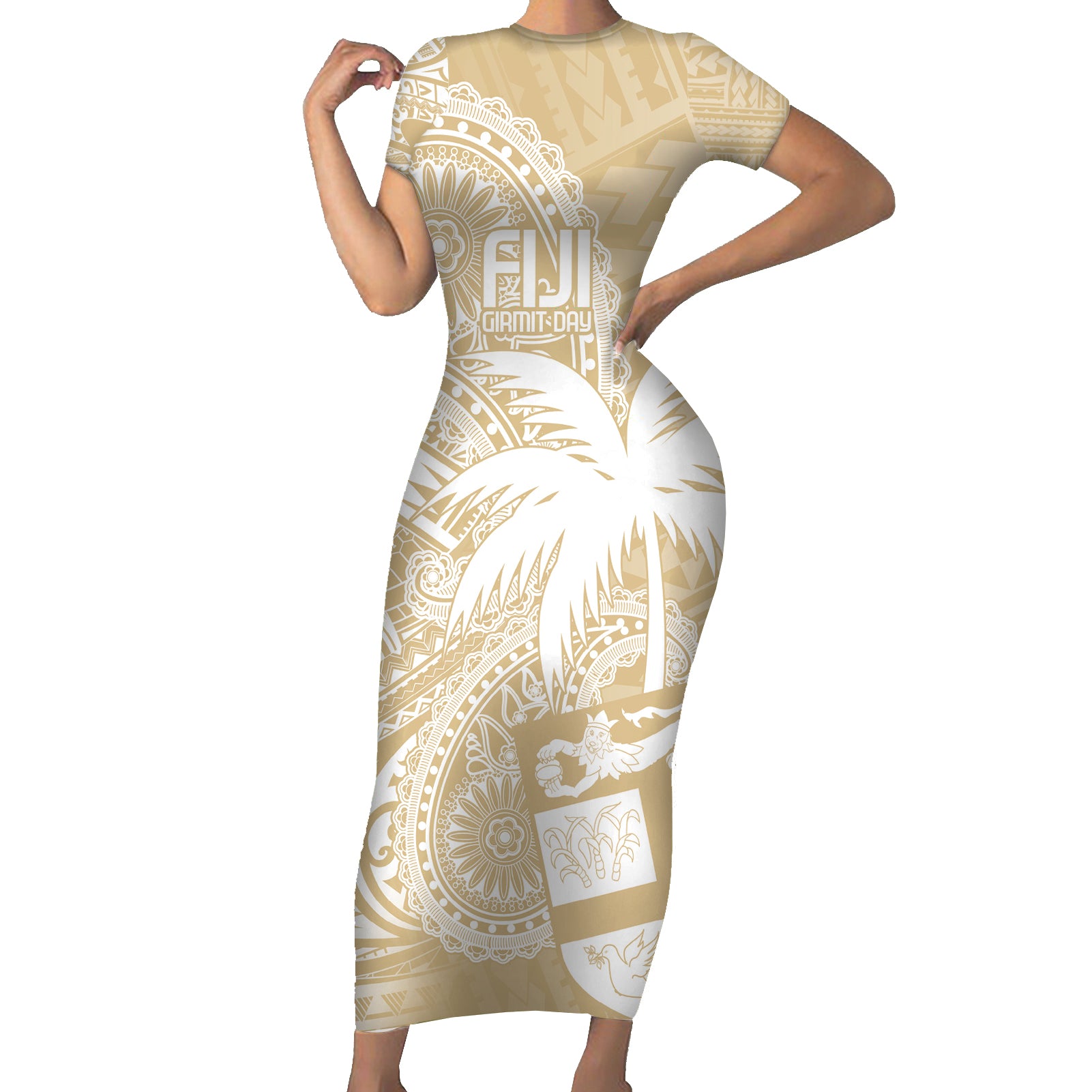 Custom Indo Fijians Short Sleeve Bodycon Dress Fiji ke Hindustani Polyneisan Paisley Beige Style - Wonder Print Shop