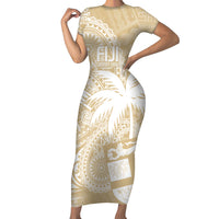 Custom Indo Fijians Short Sleeve Bodycon Dress Fiji ke Hindustani Polyneisan Paisley Beige Style - Wonder Print Shop