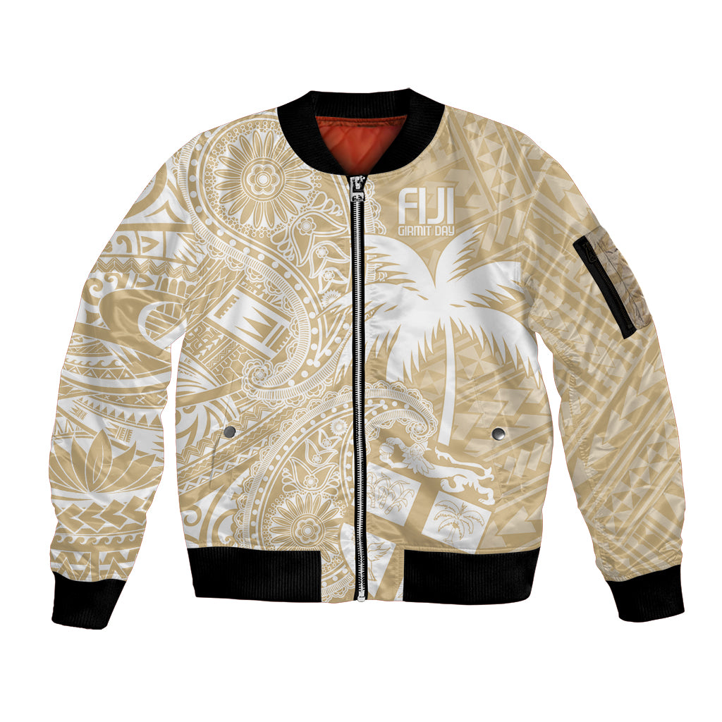 Custom Indo Fijians Sleeve Zip Bomber Jacket Fiji ke Hindustani Polyneisan Paisley Beige Style - Wonder Print Shop