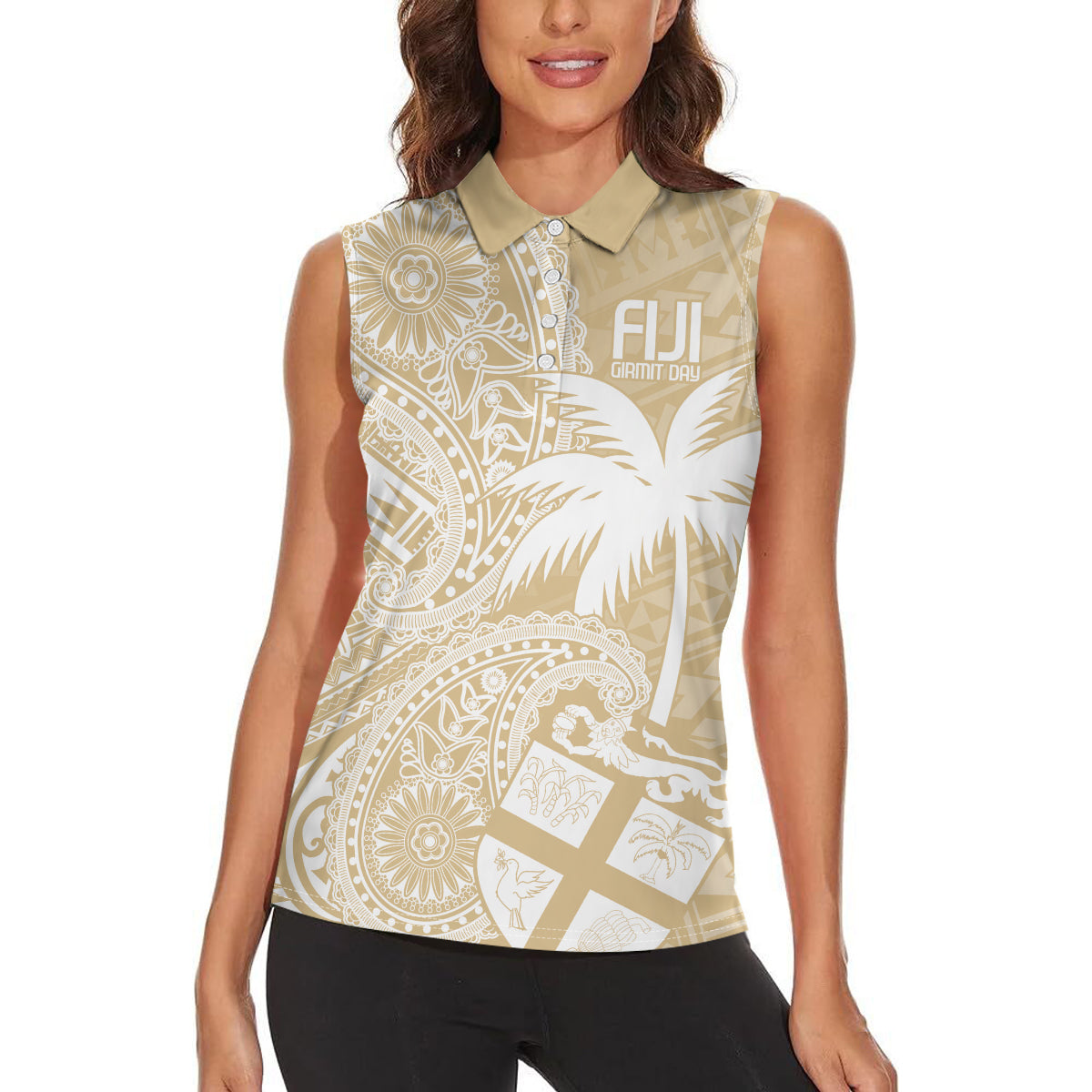 Custom Indo Fijians Women Sleeveless Polo Shirt Fiji ke Hindustani Polyneisan Paisley Beige Style - Wonder Print Shop
