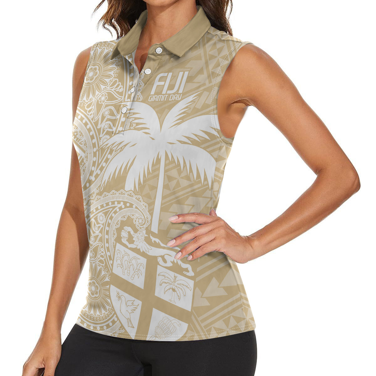 Custom Indo Fijians Women Sleeveless Polo Shirt Fiji ke Hindustani Polyneisan Paisley Beige Style - Wonder Print Shop