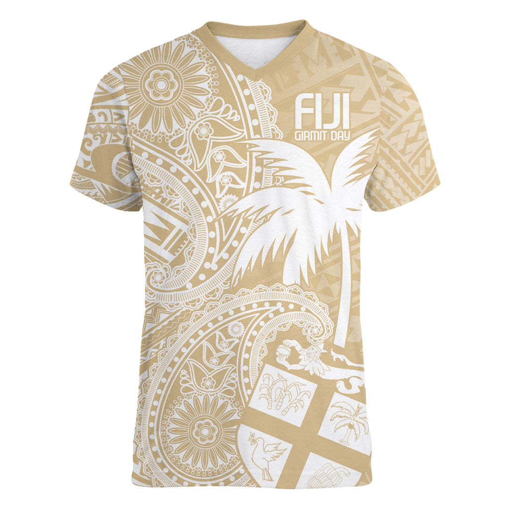 Custom Indo Fijians Women V-Neck T-Shirt Fiji ke Hindustani Polyneisan Paisley Beige Style - Wonder Print Shop