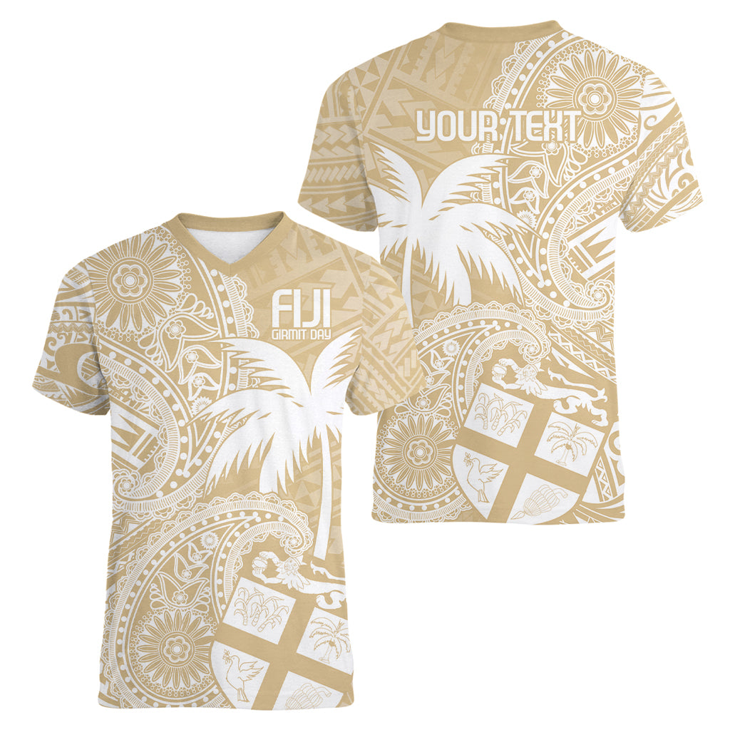 Custom Indo Fijians Women V-Neck T-Shirt Fiji ke Hindustani Polyneisan Paisley Beige Style - Wonder Print Shop