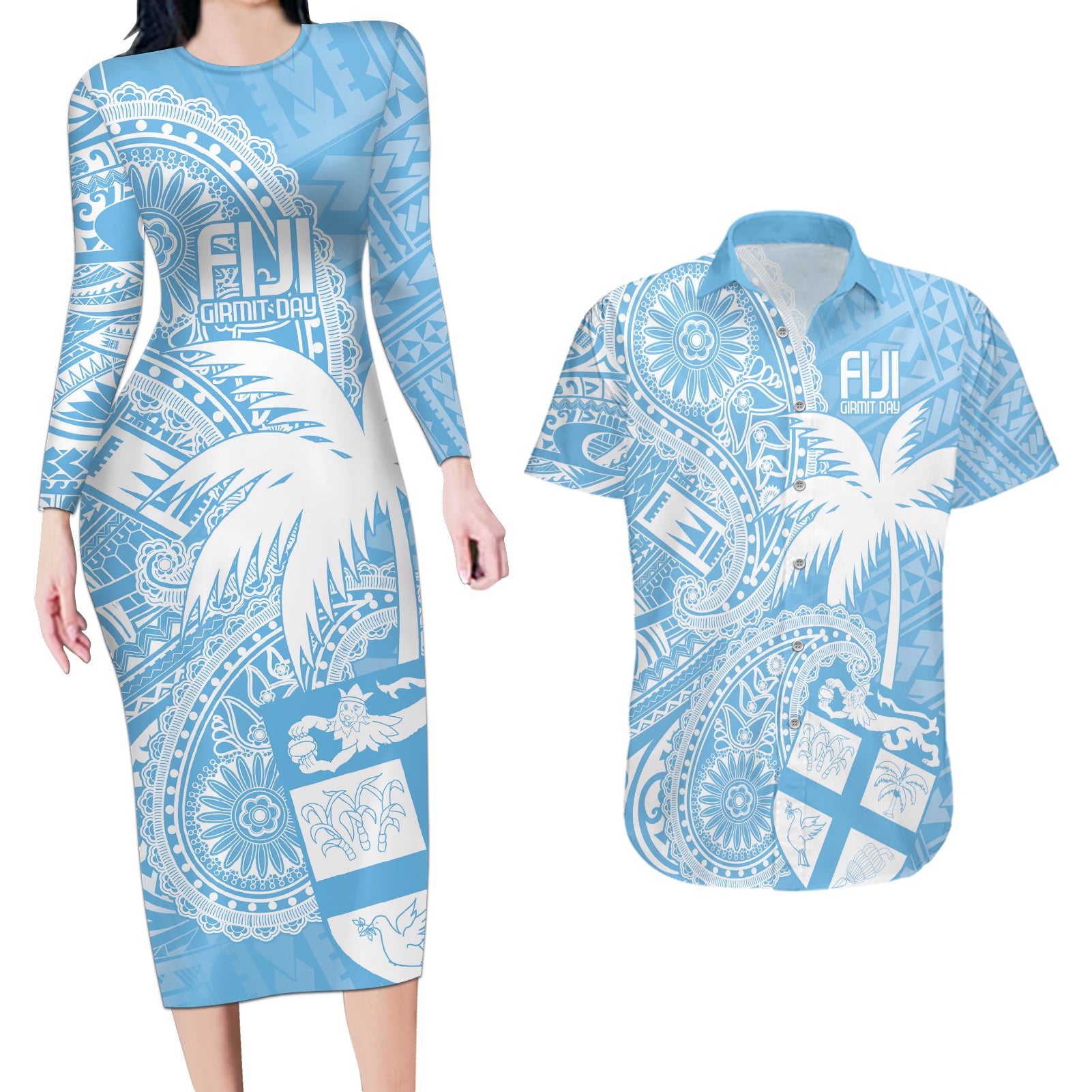 Custom Indo Fijians Couples Matching Long Sleeve Bodycon Dress and Hawaiian Shirt Fiji ke Hindustani Polyneisan Paisley Blue Style LT9 - Wonder Print Shop