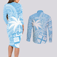 Custom Indo Fijians Couples Matching Long Sleeve Bodycon Dress and Long Sleeve Button Shirt Fiji ke Hindustani Polyneisan Paisley Blue Style LT9 - Wonder Print Shop