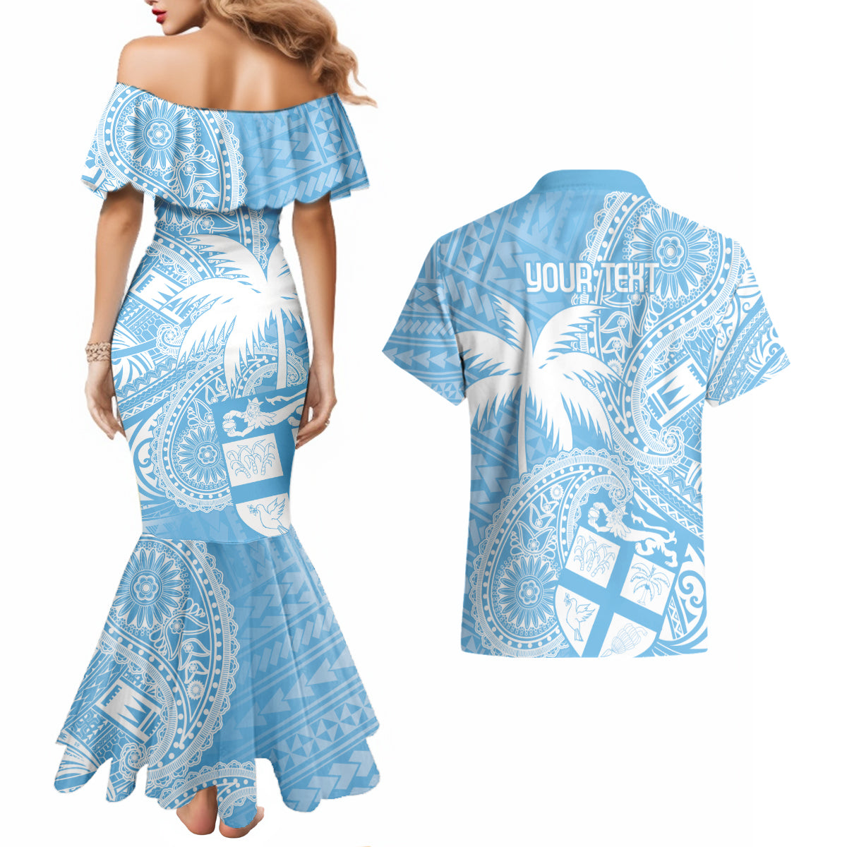 Custom Indo Fijians Couples Matching Mermaid Dress and Hawaiian Shirt Fiji ke Hindustani Polyneisan Paisley Blue Style LT9 - Wonder Print Shop
