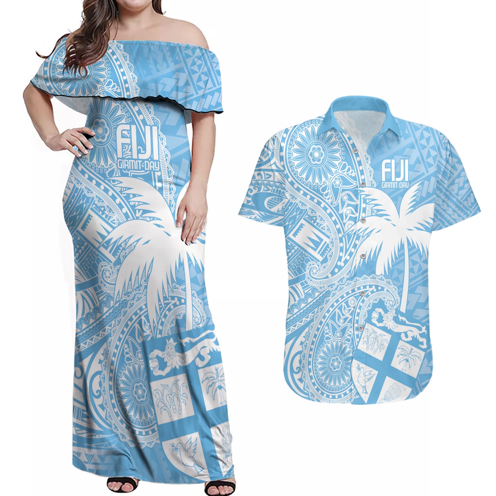 Custom Indo Fijians Couples Matching Off Shoulder Maxi Dress and Hawaiian Shirt Fiji ke Hindustani Polyneisan Paisley Blue Style LT9 - Wonder Print Shop