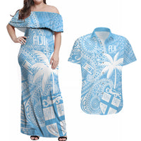 Custom Indo Fijians Couples Matching Off Shoulder Maxi Dress and Hawaiian Shirt Fiji ke Hindustani Polyneisan Paisley Blue Style LT9 - Wonder Print Shop