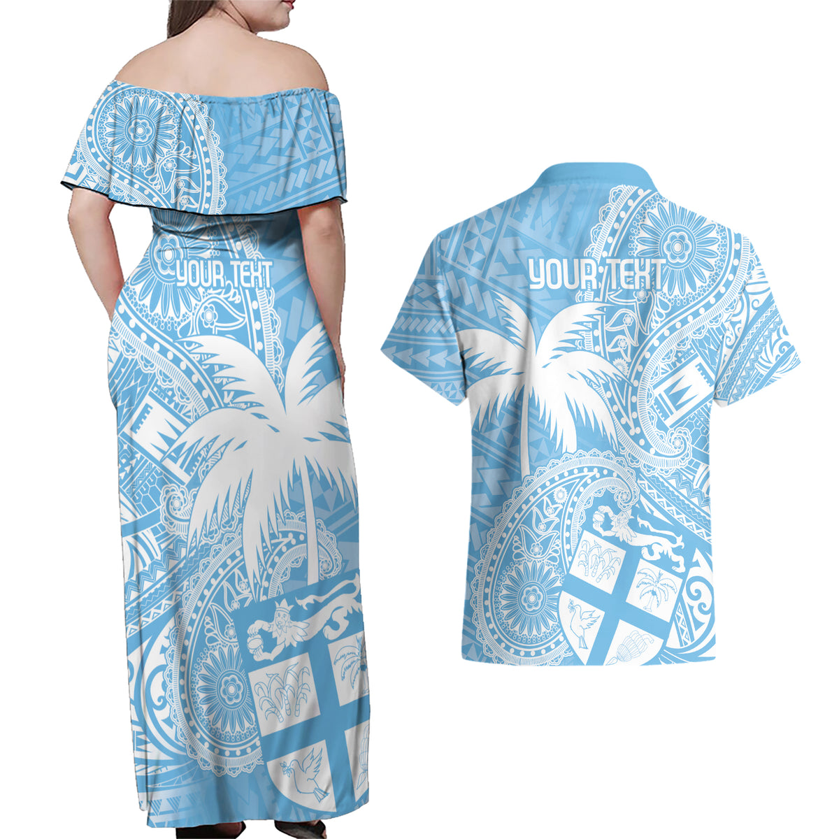 Custom Indo Fijians Couples Matching Off Shoulder Maxi Dress and Hawaiian Shirt Fiji ke Hindustani Polyneisan Paisley Blue Style LT9 - Wonder Print Shop