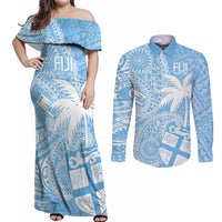 Custom Indo Fijians Couples Matching Off Shoulder Maxi Dress and Long Sleeve Button Shirt Fiji ke Hindustani Polyneisan Paisley Blue Style LT9 - Wonder Print Shop